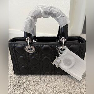 LADY D - fashion inspired Black Quilted Leather Top-Handle Bag w/Silver Hardware